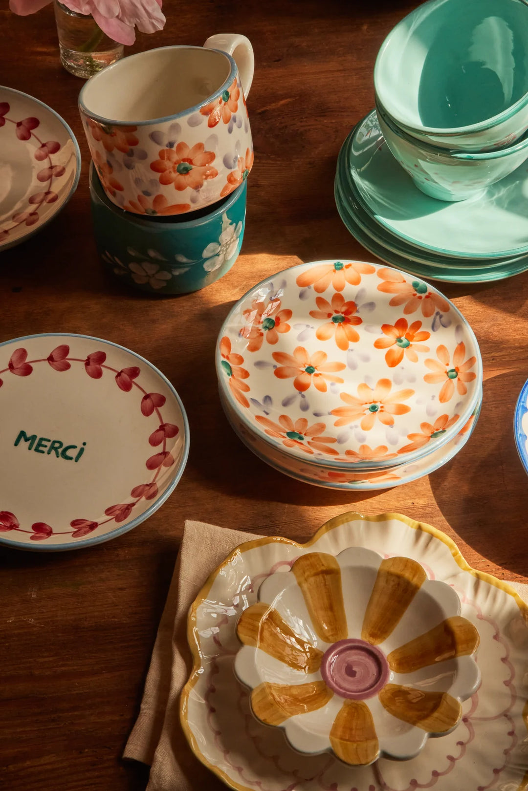 Rice Ceramic Cake Plate Pink Flowers