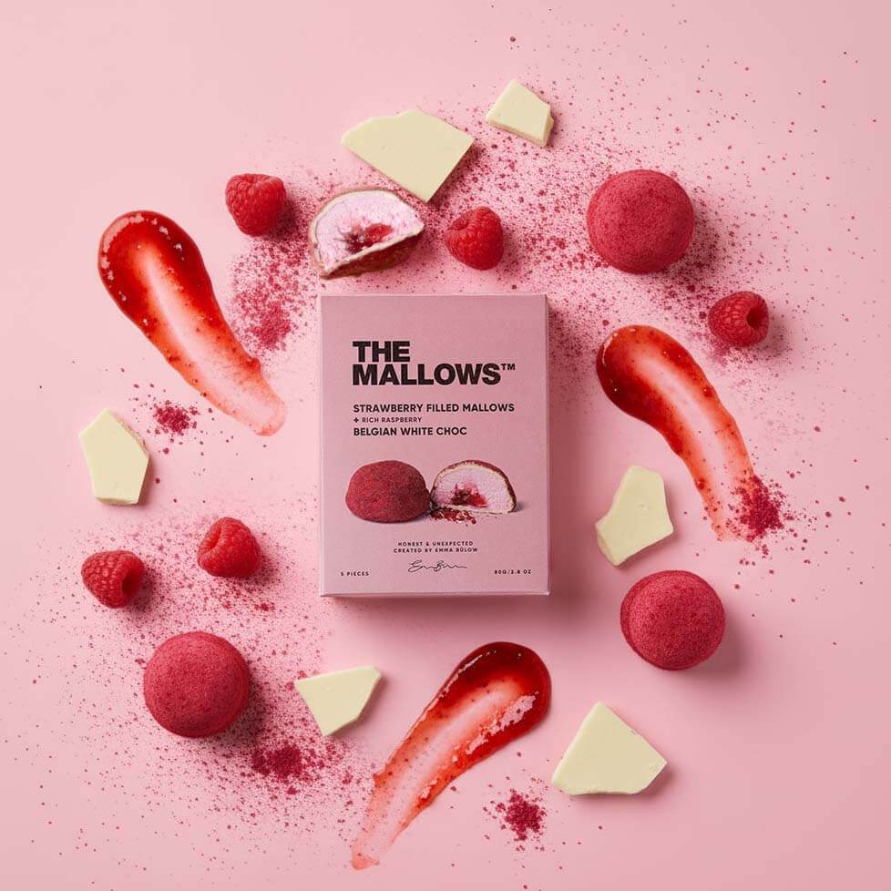 Mallows strawberry filled white choc 5stk